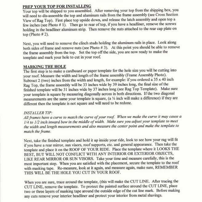 Universal Sliding Ragtops Instruction Manual Page 2